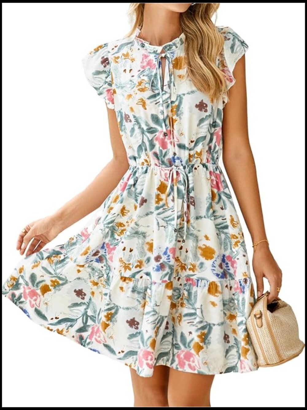 Viscose Polyamide Floral Boho Dress with Pockets Ruffle Mini
